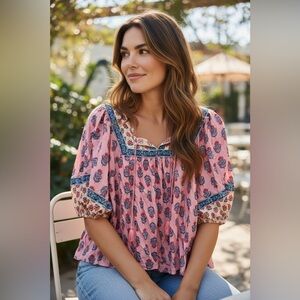 Old Navy Pink Floral Blouse with Blue Accents